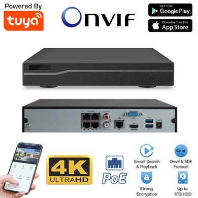 [TY-POE-4CH-8MP] TUYA 4 Channel NVR with 4 PoE Ports 1 HDD Max Support 8MP 4K Camera