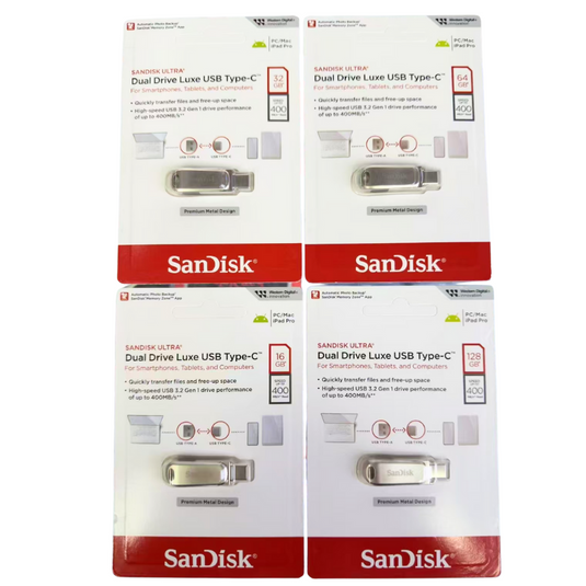 SanDisk Ultra Dual Drive Luxe USB & Type-C Ports - 8GB 16GB 32GB 64GB 128GB 256GB 512GB 1TB Ultra High Speed USB 3.2 Gen Up to 400Mb/s
