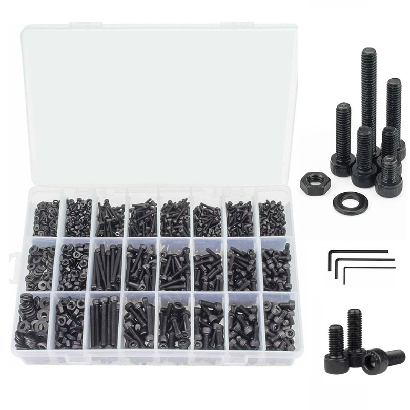 Load image into Gallery viewer, [1200 Pieces] Stainless Steel Black M2 M3 M4 Hex Socket Screws, Bolts, Nuts &amp; Washers Set with Storage Box
