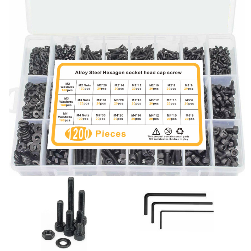 Load image into Gallery viewer, [1200 Pieces] Stainless Steel Black M2 M3 M4 Hex Socket Screws, Bolts, Nuts &amp; Washers Set with Storage Box
