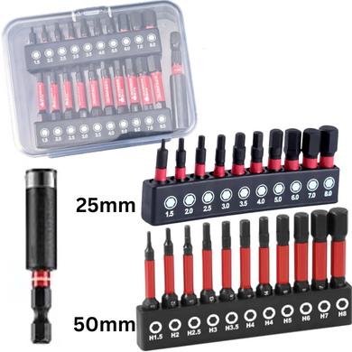 [21 in 1] S2 Steel Metric Hex Socket Head Screwdriver Bit Set 1.5mm - 8mm. 25mm & 50mm Length With Extension Bit