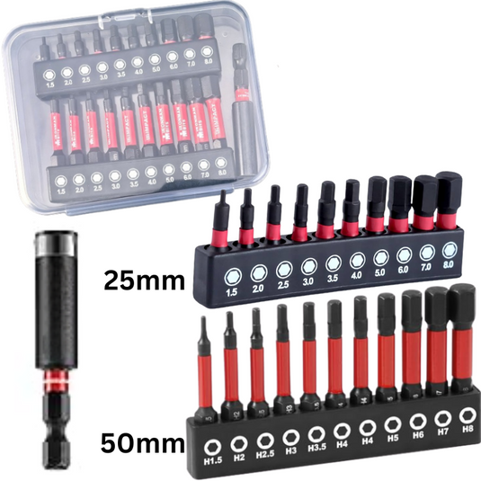 [21 in 1] S2 Steel Metric Hex Socket Head Screwdriver Bit Set 1.5mm - 8mm. 25mm & 50mm Length With Extension Bit