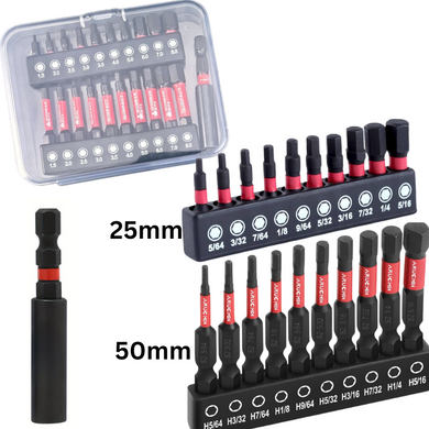 [21 in 1] S2 Steel Imperial Hex Socket Head Screwdriver Bit Set. 25mm & 50mm Length With Extension Bit