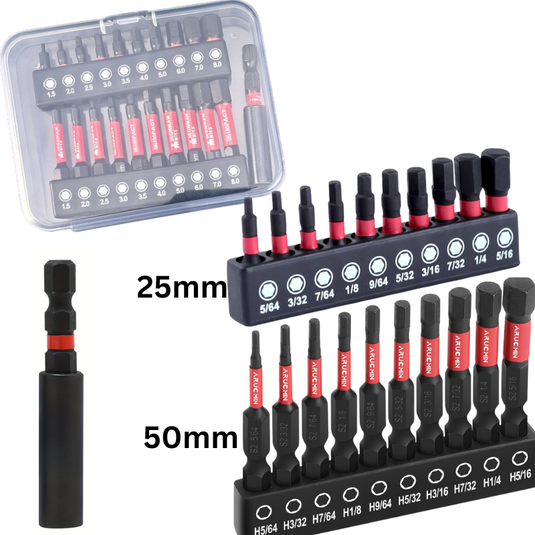 [21 in 1] S2 Steel Imperial Hex Socket Head Screwdriver Bit Set. 25mm & 50mm Length With Extension Bit