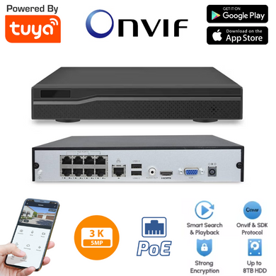 [TY-POE-8CH-5MP] TUYA 8 Channel NVR with 8 PoE Ports 1 HDD Max Support 5MP Camera