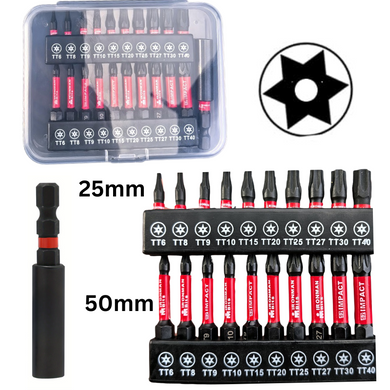 [27 in 1] S2 Steel Security Torx Key Socket Head Screwdriver Bit Set T6 - T40. 25mm & 50mm Length With Extension Bit
