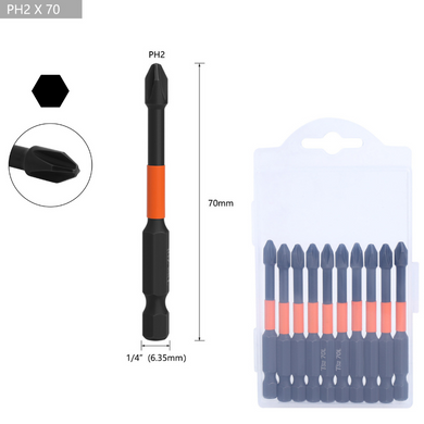 [10pcs/70mm] Magnetic Anti-Shock PH2 Phillips Impact Driver Bit Set