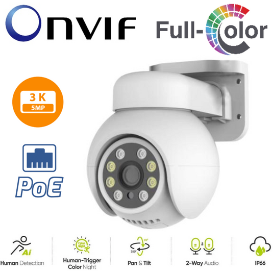 TUYA & Onvif 5MP PTZ Two-way Talk PoE 2.8mm FHD Outdoor Security Full Color Night Vision Camera