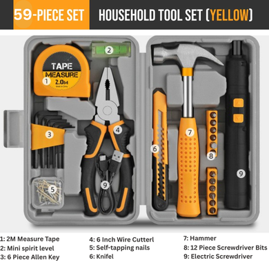 [59 in 1] Home & Office DIY Hand Tool Kit Set in Portable Toolbox Case for Household Repairs and Improvements
