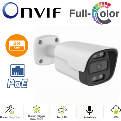 TUYA & Onvif 5MP Bullet PoE 2.8mm FHD Outdoor Security Full Color Night Vision Camera