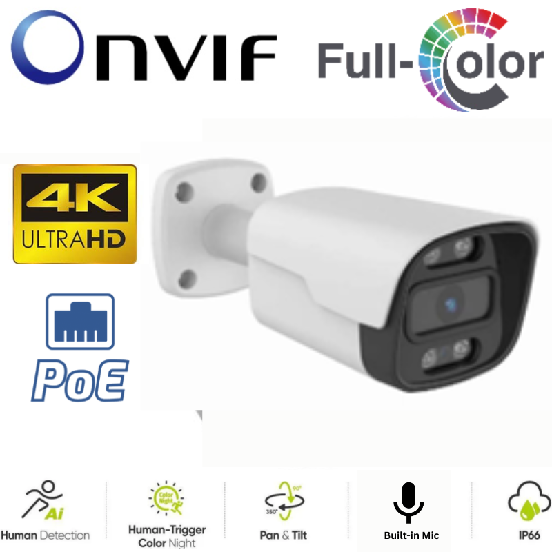 Cargue la imagen en el visor de la galería, TUYA &amp; Onvif 8MP Bullet  PoE 2.8mm FHD Outdoor Security Full Color Night Vision Camera
