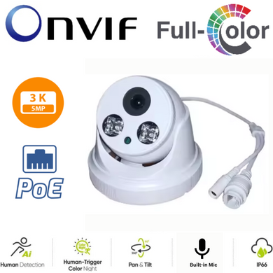 TUYA & Onvif 5MP Dome PoE 2.8mm FHD Outdoor Security Full Color Night Vision Camera