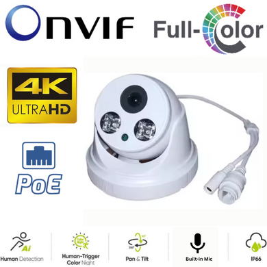 TUYA & Onvif 8MP Dome PoE 2.8mm FHD Outdoor Security Full Color Night Vision Camera