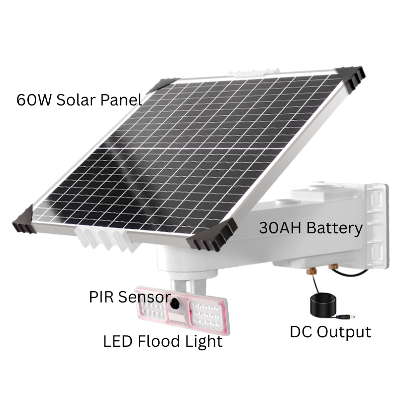 Chargez l&#39;image dans la visionneuse de la galerie, [Built-in 12V/30Ah Battery][With Flood Light] Universal 60W Solar Panel Powered 12V Power Supply CCTV Camera Wifi Bridge
