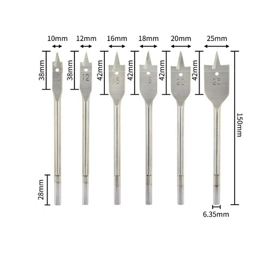 [6 in 1] Stainless Steel Wood Flat Drill Set Head (10 - 25mm)