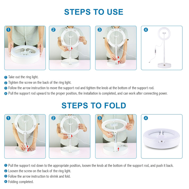 Cargue la imagen en el visor de la galería, 10.2&quot; (26cm) USB LED Ring Light – 3 Lighting Modes, Dimmable Dual-Colour Temperature with Folding Desktop Stand &amp; Phone Holder
