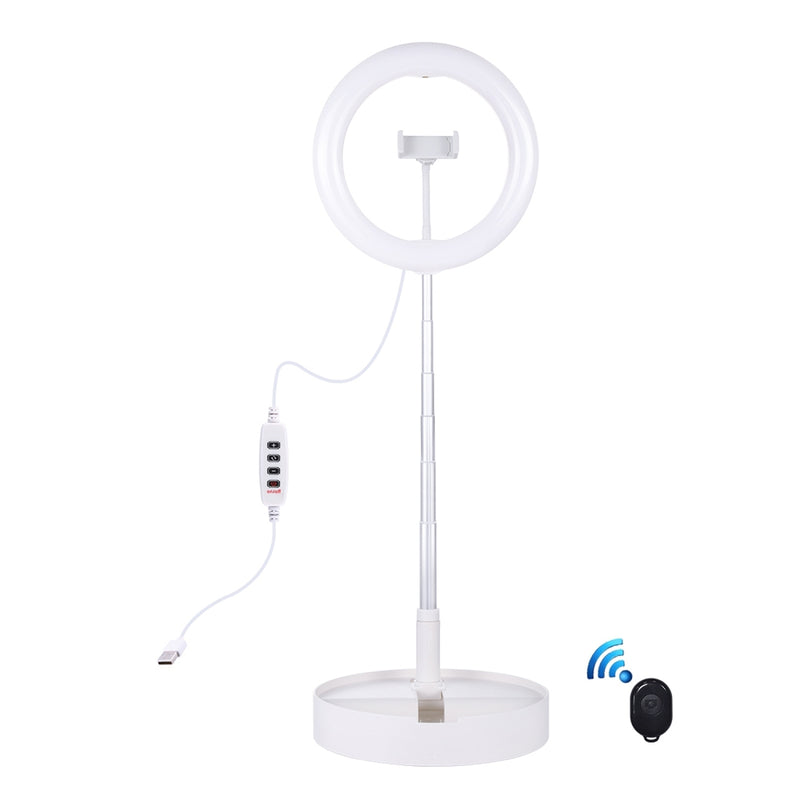 Cargue la imagen en el visor de la galería, 10.2&quot; (26cm) USB LED Ring Light – 3 Lighting Modes, Dimmable Dual-Colour Temperature with Folding Desktop Stand &amp; Phone Holder
