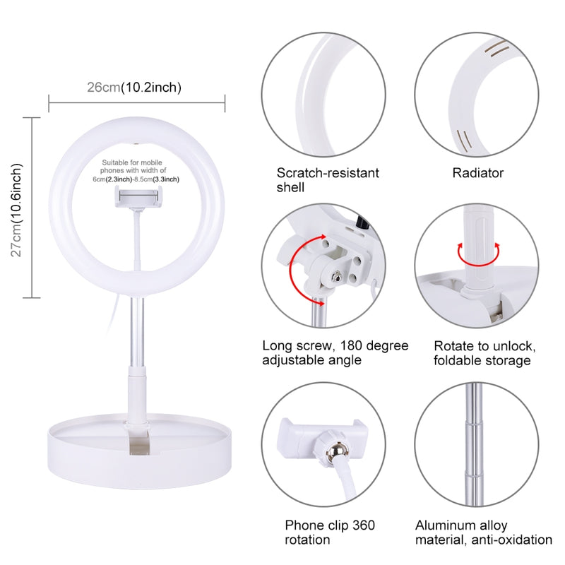 Cargue la imagen en el visor de la galería, 10.2&quot; (26cm) USB LED Ring Light – 3 Lighting Modes, Dimmable Dual-Colour Temperature with Folding Desktop Stand &amp; Phone Holder
