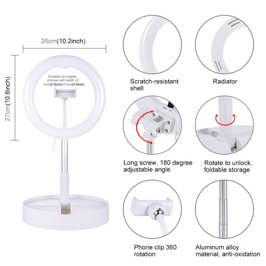 10.2" (26cm) USB LED Ring Light – 3 Lighting Modes, Dimmable Dual-Colour Temperature with Folding Desktop Stand & Phone Holder