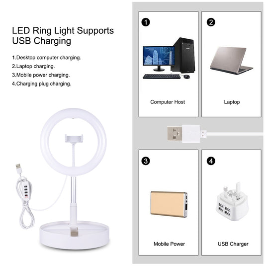 10.2" (26cm) USB LED Ring Light – 3 Lighting Modes, Dimmable Dual-Colour Temperature with Folding Desktop Stand & Phone Holder