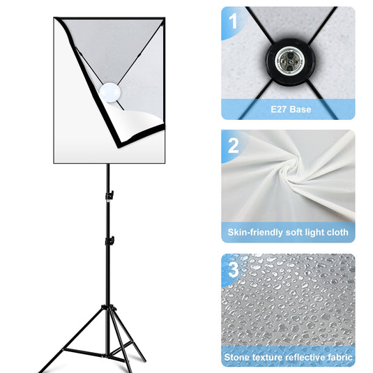50x70cm Studio Softbox Kit – 1.6m Tripod Stand + Single E27 30W 5700K LED Light Bulb