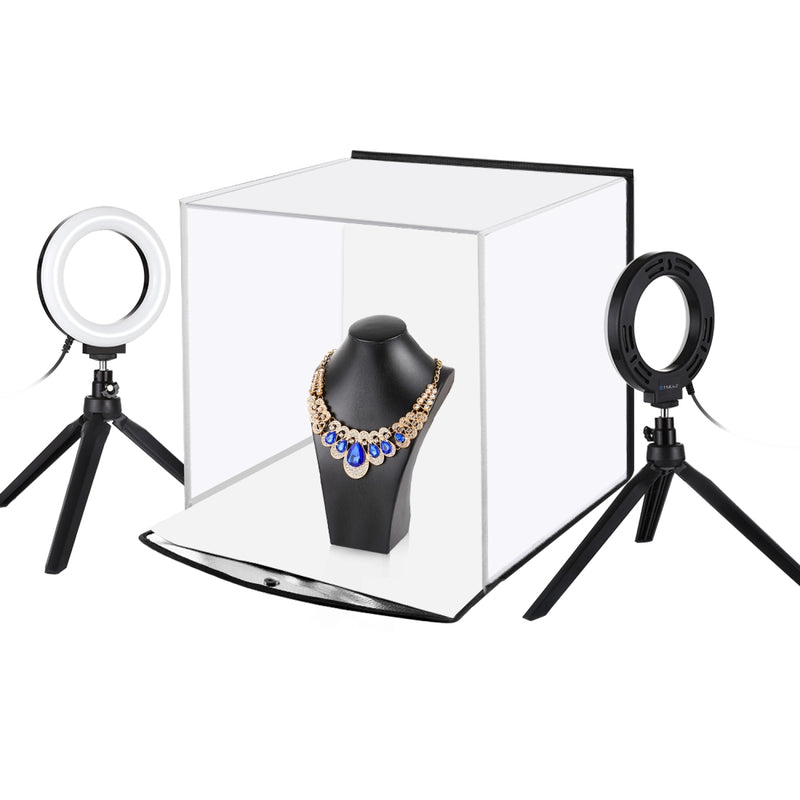 Load image into Gallery viewer, 30cm Portable Folding Photo Softbox Tent + 4.6&quot; Ring LED Light Kit with 6 Backdrops (Red, Green, Yellow, Blue, White, Black) – 30 x 30 x 30cm
