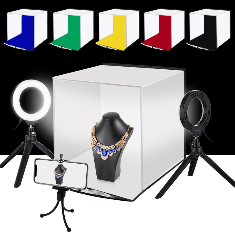 Load image into Gallery viewer, 30cm Portable Folding Photo Softbox Tent + 4.6&quot; Ring LED Light Kit with 6 Backdrops (Red, Green, Yellow, Blue, White, Black) – 30 x 30 x 30cm
