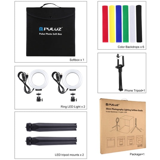 30cm Portable Folding Photo Softbox Tent + 4.6" Ring LED Light Kit with 6 Backdrops (Red, Green, Yellow, Blue, White, Black) – 30 x 30 x 30cm