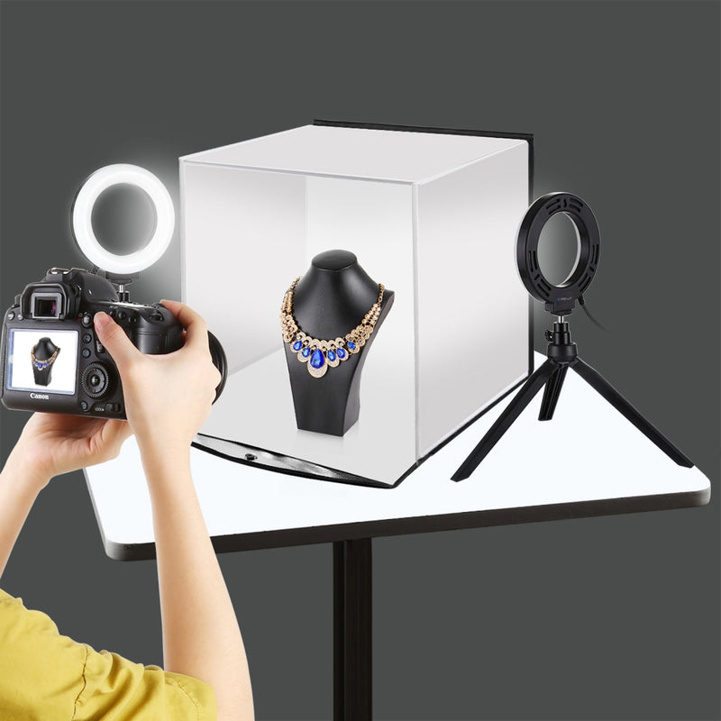 Load image into Gallery viewer, 30cm Portable Folding Photo Softbox Tent + 4.6&quot; Ring LED Light Kit with 6 Backdrops (Red, Green, Yellow, Blue, White, Black) – 30 x 30 x 30cm
