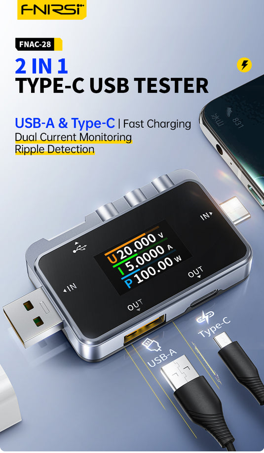 [FNAC-28] FNIRSI 2 IN 1 Type-C USB Tester Digital Voltmeter Ammeter Amperimetor Voltage Current Meter Power Bank Charger Measure - Polar Tech Australia