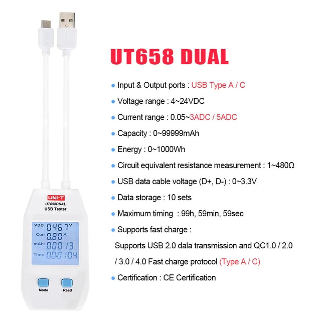 Cargue la imagen en el visor de la galería, [UT658DUAL] UNI-T USB Tester Charger Type A/C Fast Charge Current Capacity Energy Resistance Tester USB Power Meter - Polar Tech Australia
