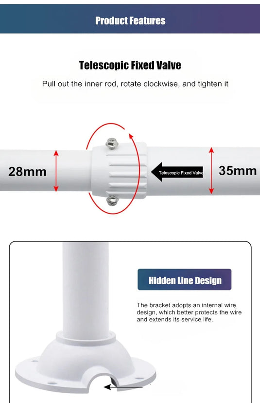 [1 Split 2] Universal Retractable Extension Aluminium CCTV Dome Camera Wall or Ceiling Mount Bracket Holder - Polar Tech Australia