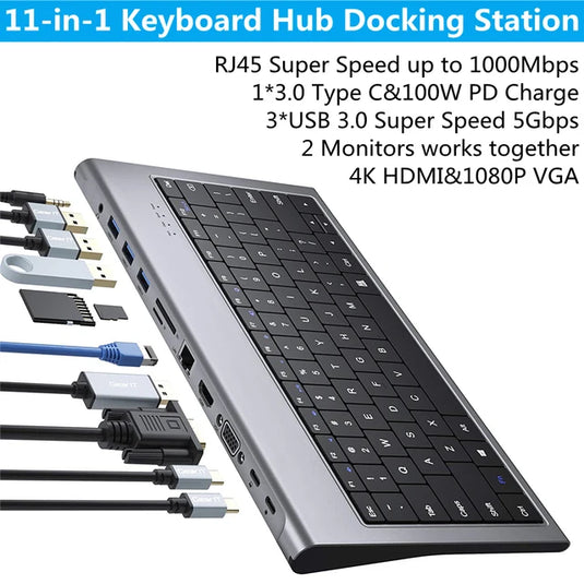 [11-in-1][With keyboard] Type C USB 3.0 HDMI DP Ethernet PD 100W  – Computer Port Expansion with Multiple Interfaces (COMBO Card Reader + HUB) Dock Station