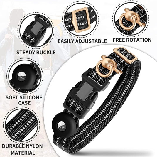 For AirTag Tracker Silicone Sleeve Medium Dog Collar Nylon Reflective Anti-Tangle Pet Collar - Polar Tech Australia