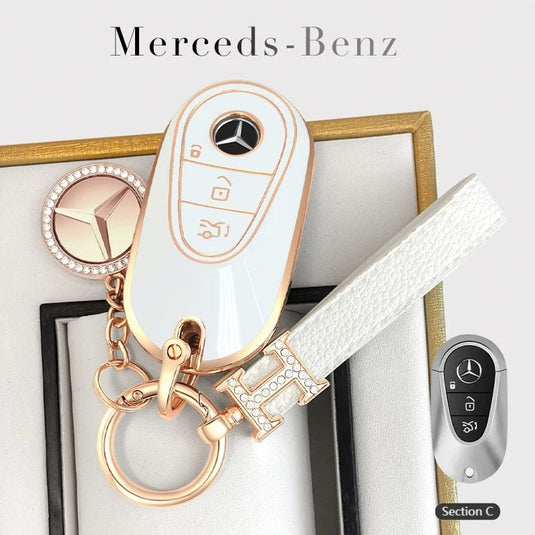 Mercedes Benz Fashionable TPU + Aluminum alloy + Leather Car Key Fob Case Cover For Benz C, E, S, G-Class, GLE, GLC, CLA, CLS, EQC, ML, GL, EQS