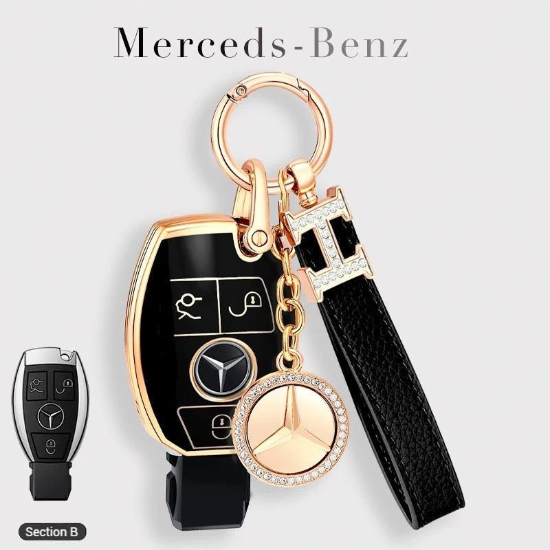 Load image into Gallery viewer, Mercedes Benz Fashionable TPU + Aluminum alloy + Leather Car Key Fob Case Cover For Benz C, E, S, G-Class, GLE, GLC, CLA, CLS, EQC, ML, GL, EQS

