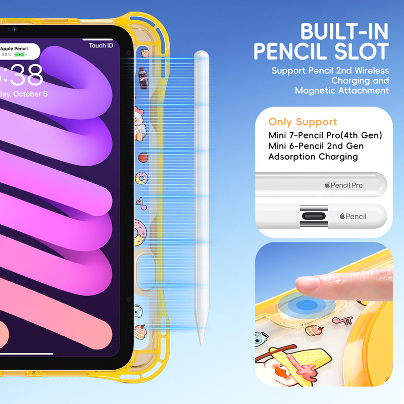 Cargue la imagen en el visor de la galería, [Built-in Pen Slot][With Shoulder Strap] Apple iPad Mini 6/7 8.3&#39;&#39; 6/7th Gen (2021/2024) Cartoon Kids Transparent Anti-Drop Protective Stand Case
