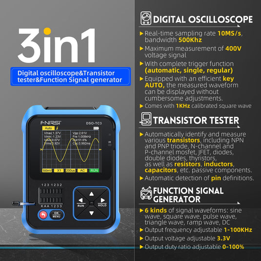 [DSO-TC3] FNIRSI Digital Oscilloscope Transistor Tester Signal Generator 3 in1 500Khz 10MSa/s Capacitor Resistor Diode 100K output - Polar Tech Australia