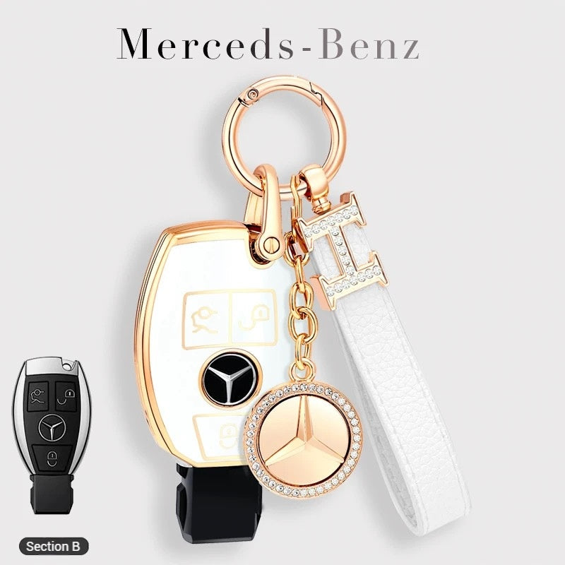 Load image into Gallery viewer, Mercedes Benz Fashionable TPU + Aluminum alloy + Leather Car Key Fob Case Cover For Benz C, E, S, G-Class, GLE, GLC, CLA, CLS, EQC, ML, GL, EQS
