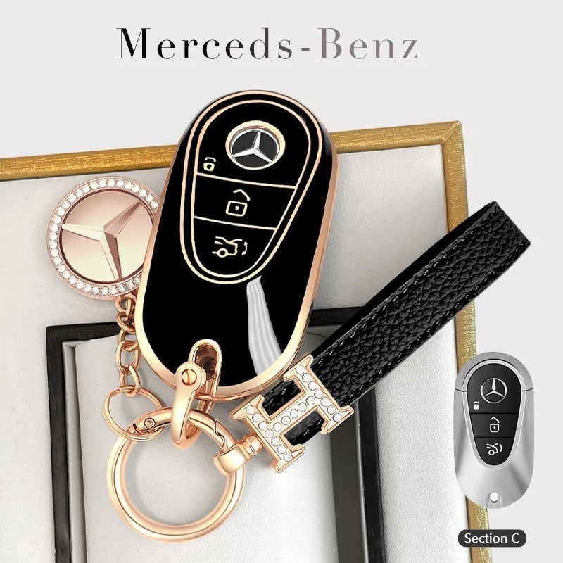 Load image into Gallery viewer, Mercedes Benz Fashionable TPU + Aluminum alloy + Leather Car Key Fob Case Cover For Benz C, E, S, G-Class, GLE, GLC, CLA, CLS, EQC, ML, GL, EQS
