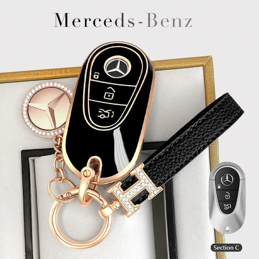 Mercedes Benz Fashionable TPU + Aluminum alloy + Leather Car Key Fob Case Cover For Benz C, E, S, G-Class, GLE, GLC, CLA, CLS, EQC, ML, GL, EQS