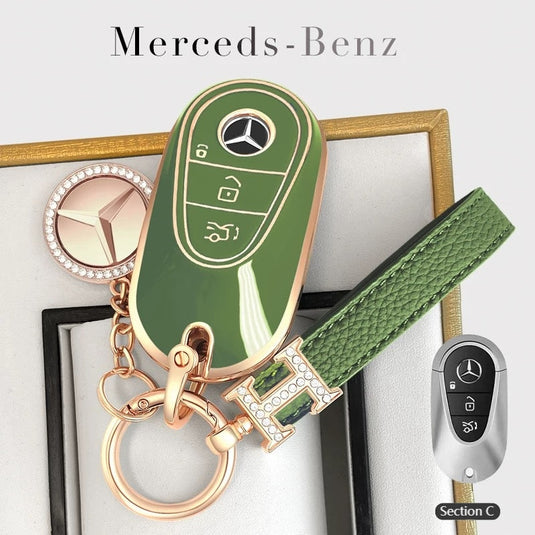 Mercedes Benz Fashionable TPU + Aluminum alloy + Leather Car Key Fob Case Cover For Benz C, E, S, G-Class, GLE, GLC, CLA, CLS, EQC, ML, GL, EQS