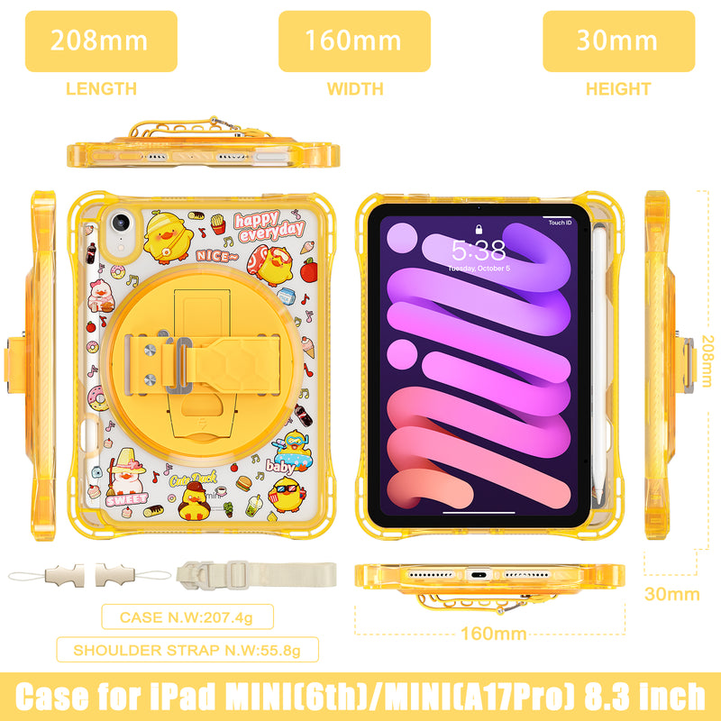 Cargue la imagen en el visor de la galería, [Built-in Pen Slot][With Shoulder Strap] Apple iPad Mini 6/7 8.3&#39;&#39; 6/7th Gen (2021/2024) Cartoon Kids Transparent Anti-Drop Protective Stand Case
