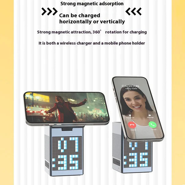 Chargez l&#39;image dans la visionneuse de la galerie, [Built-In Pixel Animation LCD] 6 in 1 Aluminum Stand Alarm Clock QI 15W MagSafe Wireless Charging Bluetooth Speaker Magnet Stand - Polar Tech Australia
