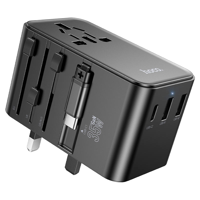 Load image into Gallery viewer, [AC18] HOCO Universal 4 Ports PD 35W Conversion charger with dual USB-A ports, AC socket and built-in Type-C cable Converter Wall Charger International Travelling Adapter - Polar Tech Australia
