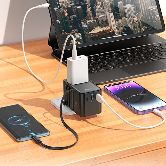 [AC18] HOCO Universal 4 Ports PD 35W Conversion charger with dual USB-A ports, AC socket and built-in Type-C cable Converter Wall Charger International Travelling Adapter - Polar Tech Australia