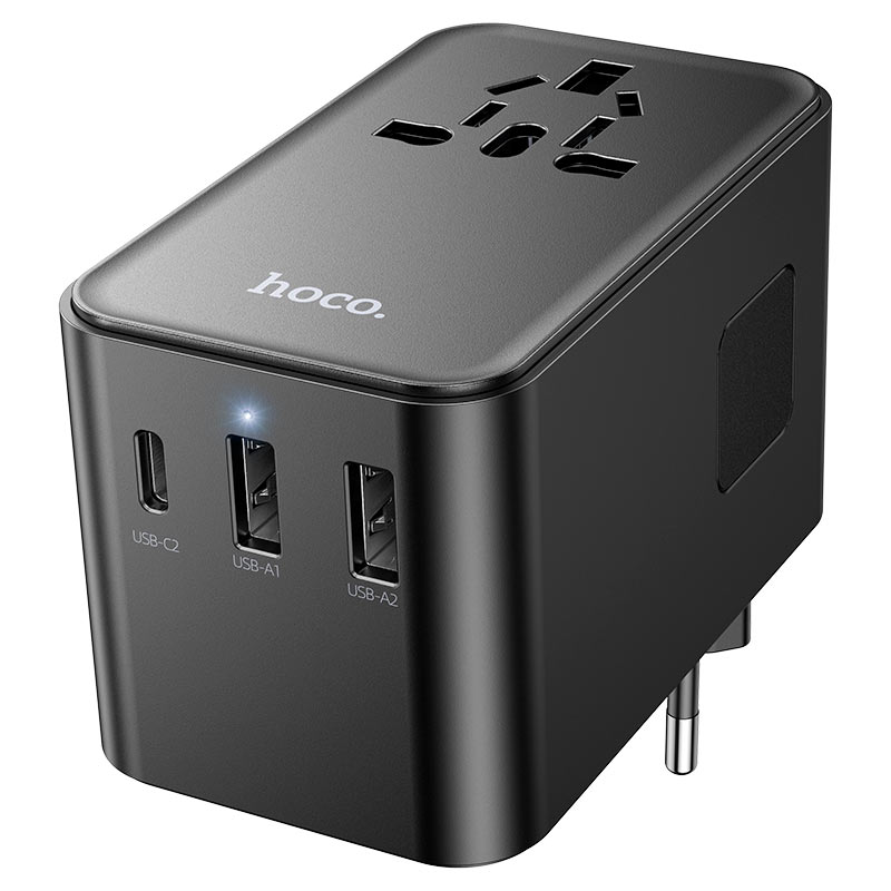 Load image into Gallery viewer, [AC18] HOCO Universal 4 Ports PD 35W Conversion charger with dual USB-A ports, AC socket and built-in Type-C cable Converter Wall Charger International Travelling Adapter - Polar Tech Australia
