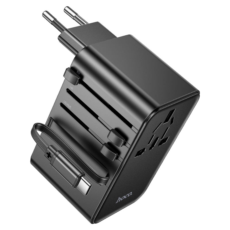 Load image into Gallery viewer, [AC18] HOCO Universal 4 Ports PD 35W Conversion charger with dual USB-A ports, AC socket and built-in Type-C cable Converter Wall Charger International Travelling Adapter - Polar Tech Australia
