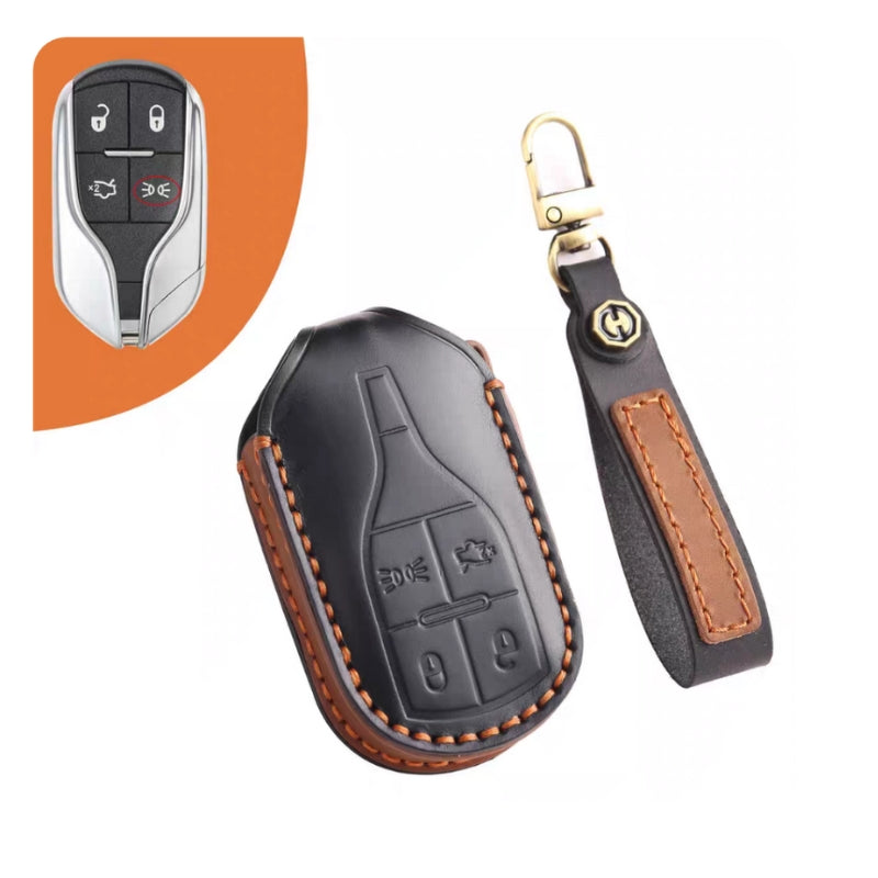 Load image into Gallery viewer, Luxury Genuine Leather Car Key Fob Case Cover for Maserati Levante, MC20, Ghibli, Quattroporte 2014-2022 – Shockproof, Handcrafted &amp; Gift-Ready
