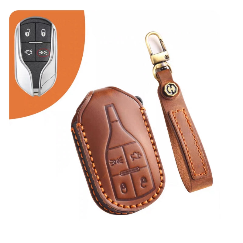 Load image into Gallery viewer, Luxury Genuine Leather Car Key Fob Case Cover for Maserati Levante, MC20, Ghibli, Quattroporte 2014-2022 – Shockproof, Handcrafted &amp; Gift-Ready
